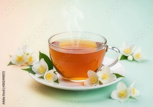 Fototapeta Hot cup of jasmine tea with fresh flowers on a pastel background. Herbal beverage for wellness and relaxation with copy space