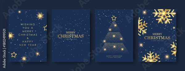 Fototapeta Merry Christmas and Happy New Year! Festive vector illustration of snowflakes and stars on a blue background. Luxurious brochure covers, greetings, posters, and holiday vector illustrations.
