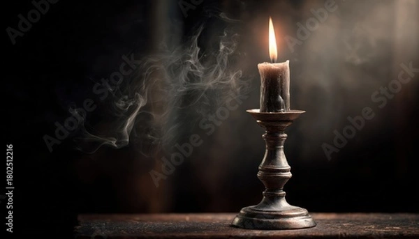 Fototapeta Mysterious Smoke Surrounds Antique Candlestick: The Dark Night Of Secrets And Halloween Occult Rituals With Witches And Wizards.