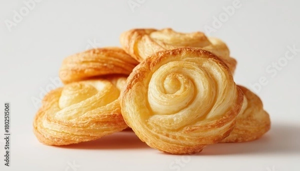Fototapeta Elegant Golden Palmier Puff Pastry Cookies Pop Against A Pristine White Background In Stunning Display Of Culinary Artistry.