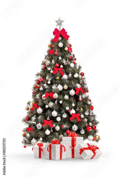 Obraz Presents under a Christmas tree with red and white ornaments