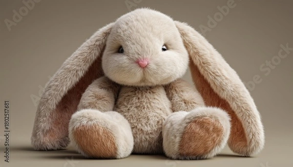 Fototapeta Cozy Plush Bunny Toy: Ideal For Cuddling And Play, Featuring Long Floppy Ears And A Cute Pink Nose, Soft And Huggable.
