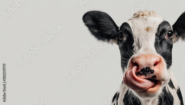 Fototapeta Adorable Cow Sticking Out Tongue And Licking Nose On White Background: Playful Farm Animal With Funny Expression. Cute Black And White Cow.