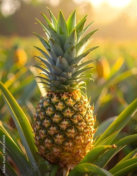 Fototapeta Close-up of a ripe pineapple amidst a field, bathed in golden sunlight