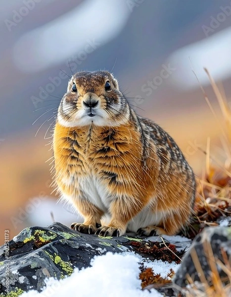 Fototapeta Close-up of a rodent perched on a rock, snowy background