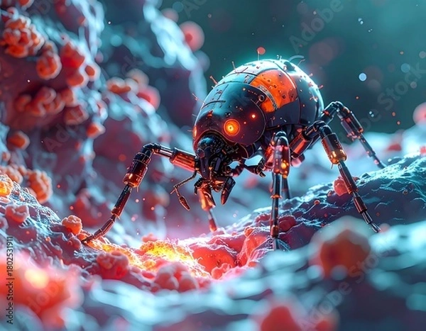 Fototapeta Close-up of a robotic insect exploring a biological landscape