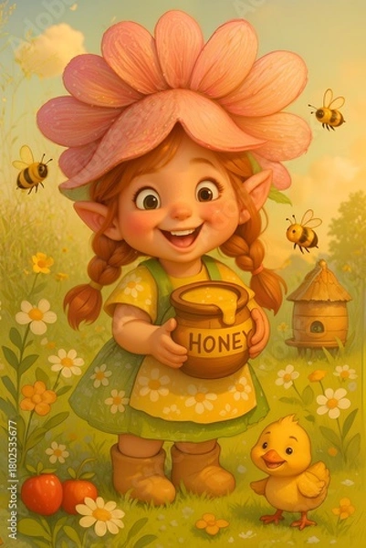 Fototapeta Happy little elf girl holding honey jar surrounded by bees, duckling and spring flowers in meadow
