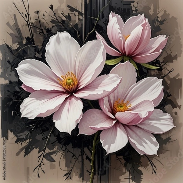 Fototapeta Watercolor square background with soft pink magnolia flowers blooming on dark abstract spring backdrop