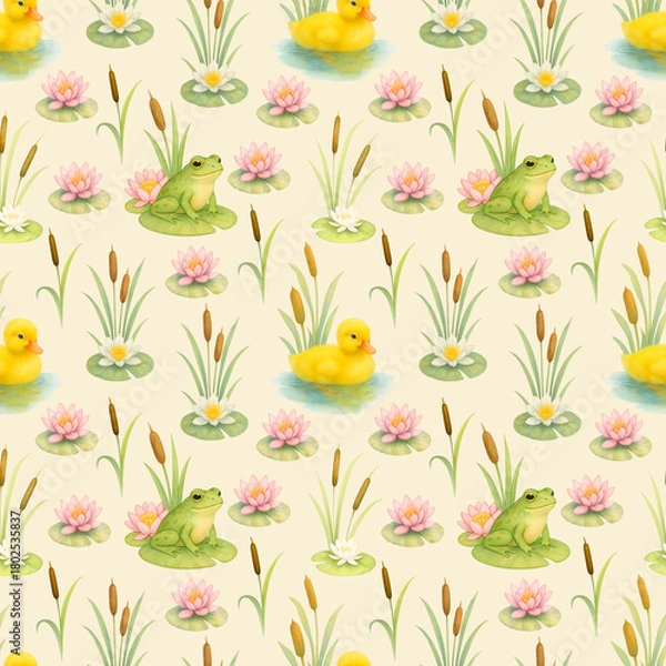 Fototapeta Seamless beige lake pattern with ducklings, frogs, lotus flowers and cattails
