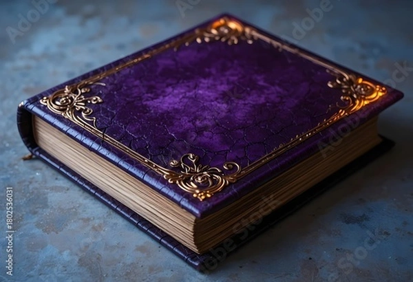 Fototapeta Fantasy purple leather book with golden corner ornaments and empty cover space for custom enchanted title