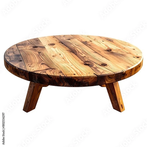 Fototapeta Close-up of a round, rustic wooden coffee table on a white background