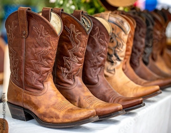 Fototapeta Close-up of a row of colorful, well-worn leather boots