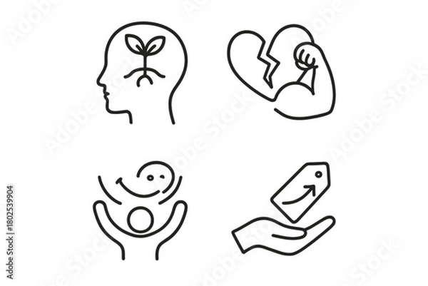 Obraz Mental Health Icons. Line style icons of mental health: resilience and growth, seedling in brain icon, adversity to strength,