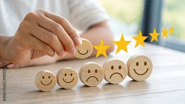 Obraz Customer satisfaction rating concept with wooden smile face and five stars