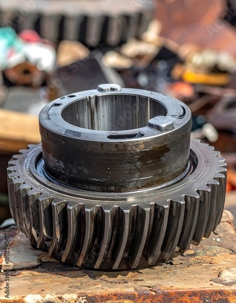 Fototapeta Close-up of a rusted metallic gear, focus on the top and its surroundings