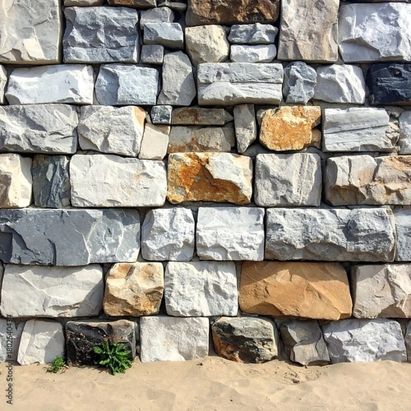 Fototapeta Close-up of a rugged stone wall with various shades and sand