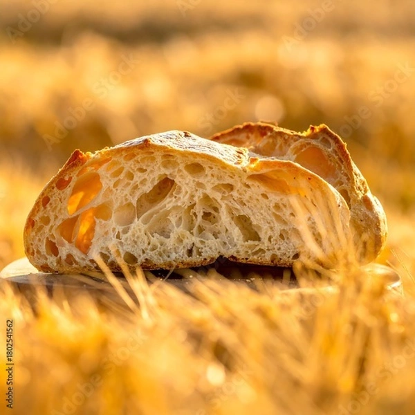 Fototapeta Close-up of a rustic bread loaf, illuminated by warm sunlight