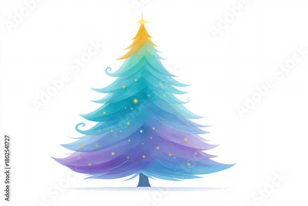 Obraz Colorful watercolor illustration of a stylized Christmas tree with vibrant blue and purple hues, adorned with twinkling stars, creating a festive and cheerful atmosphere for holiday celebrations