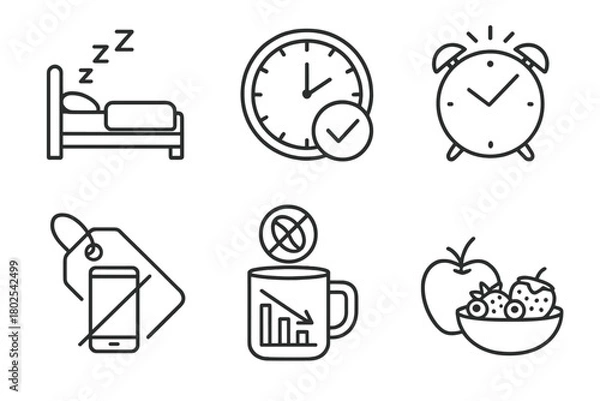 Fototapeta Sleep Therapy Icons. Line style icons of sleep therapy: sleep hygiene, regular bedtime clock, consistent wake time icon, digital