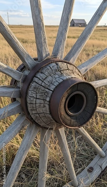 Fototapeta Close-up of a rustic wooden wagon wheel in a grassy field