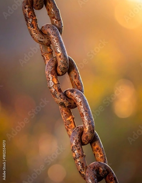 Fototapeta Close-up of a rusty chain links against a blurred, golden background