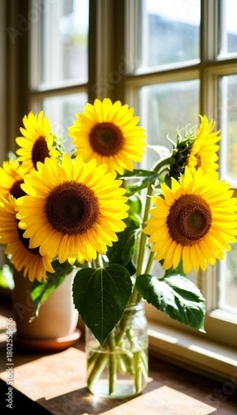 Fototapeta A bouquet of vibrant sunflowers in a glass jar on a wooden table near a window. The sunflowers have bright yellow petals and dark centers.