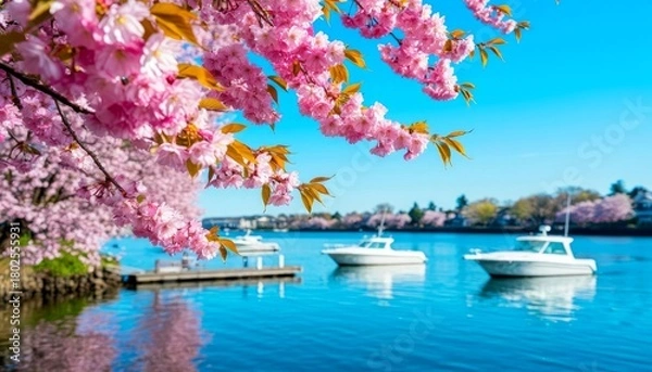 Obraz Cherry blossom trees in full bloom by a calm river. Three white boats are anchored near a wooden dock. The sky is clear and blue, reflecting a serene spring atmosphere.
