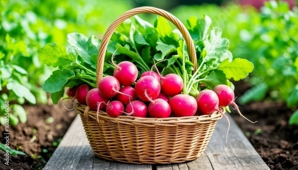 Fototapeta A wicker basket filled with fresh red radishes sits on a wooden path in a vibrant garden. Green leaves surround the radishes, showcasing a healthy harvest.
