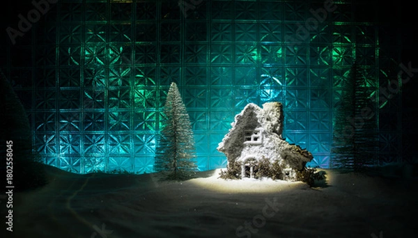 Fototapeta Christmas home decoration with snow and tree on a dark background with copy space. Selective focus. New Year attributes on background