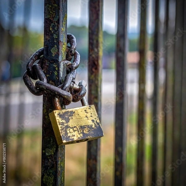Fototapeta Close-up of a rusty gate secured with a chain and weathered padlock