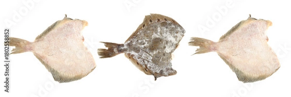 Fototapeta Frozen flatfish pieces isolated on white background.