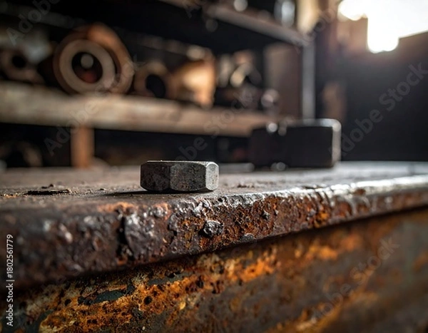 Fototapeta Close-up of a rusty work surface with metal nut in sharp focus