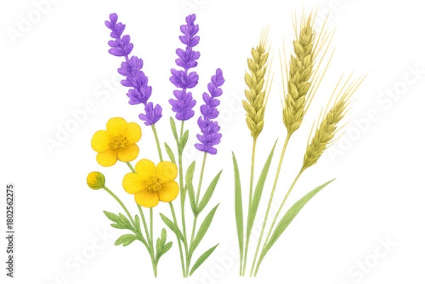 Fototapeta Wildflowers and wheat composition, depicting buttercups, lavender, and common wheat stalks on a transparent background