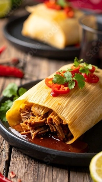 Fototapeta Close-up of a savory meal with shredded meat and red pepper