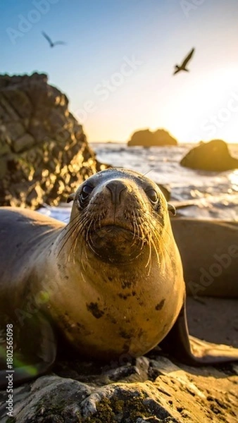 Fototapeta Close-up of a sea lion on a beach, with birds and sunset in background