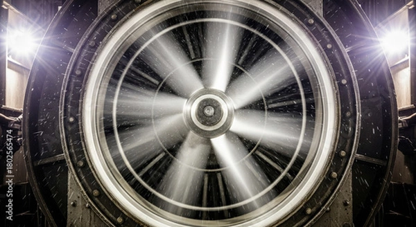 Fototapeta High-speed industrial fan turbine showing motion blur of blades in action