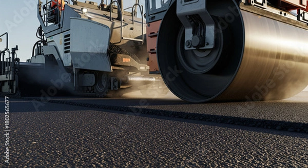 Obraz Road paver laying down hot asphalt with roller compactor in motion on construction site
