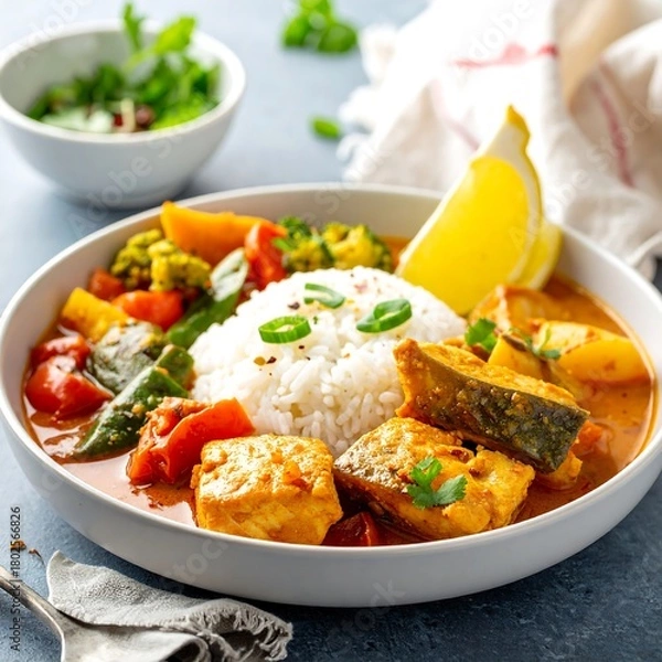 Fototapeta Close-up of a seafood curry with rice and vegetables in a white bowl