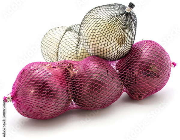 Fototapeta Packed red and white onion isolated on white background.