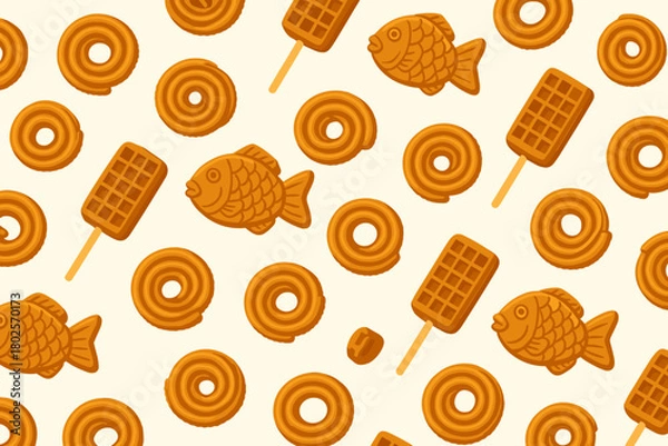 Fototapeta Seamless pattern of donuts, waffles, and fish-shaped pastries
