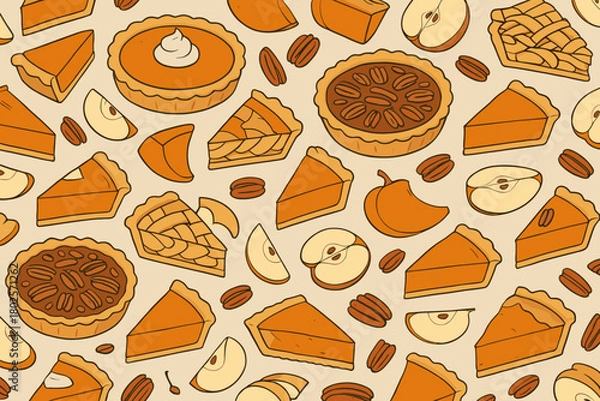 Obraz Seamless pattern of pie slices with apples, pecans, and pumpkins