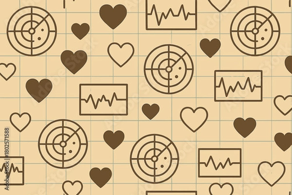 Fototapeta Seamless vintage pattern with hearts, radar, and ECG charts