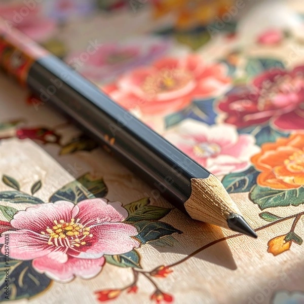 Fototapeta Close-up of a sharpened pencil resting on floral-patterned surface