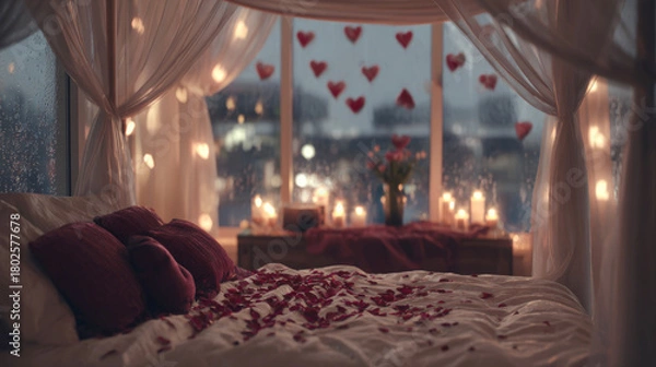 Obraz Romantic and Cozy Bedroom with Canopy Bed. Intimate Setting for Valentine's Day or Anniversary, Featuring Red Rose Petals, String Lights, Lit Candles, and Heart Decorations on a Rainy Window