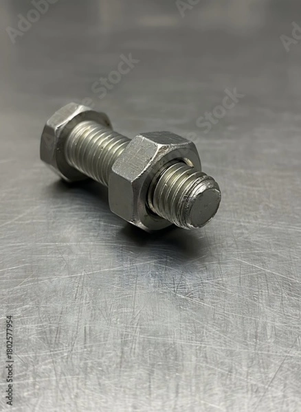 Fototapeta Close-up of a shiny, metallic bolt with a hexagonal nut