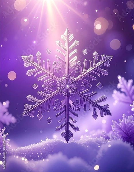 Fototapeta Close-up of a shimmering snowflake against a purple winter scene