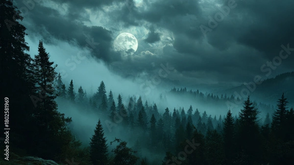 Fototapeta Dark green nighttime forest covered in mist and drifting clouds.
