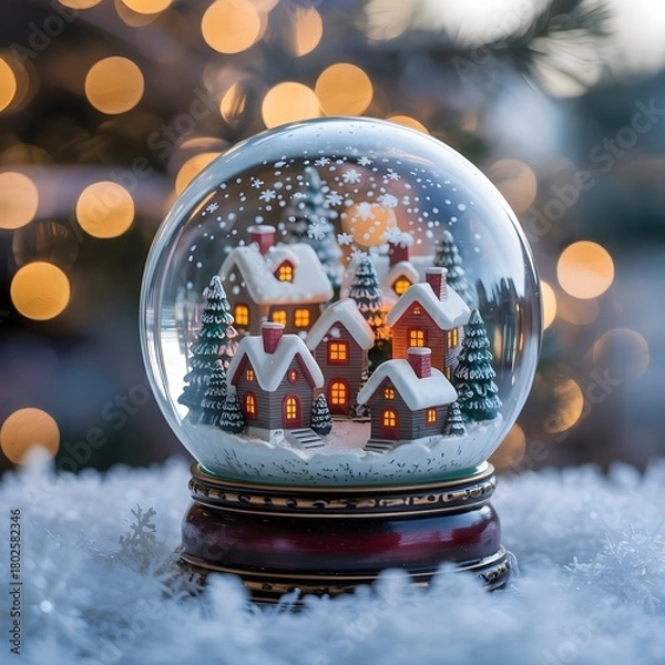 Fototapeta Illuminated christmas village snow globe, festive bokeh glow
