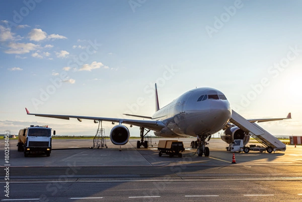 Obraz Wide body passenger airliner with boarding ramp at the airport. Airfield tanker refueling an aircraft