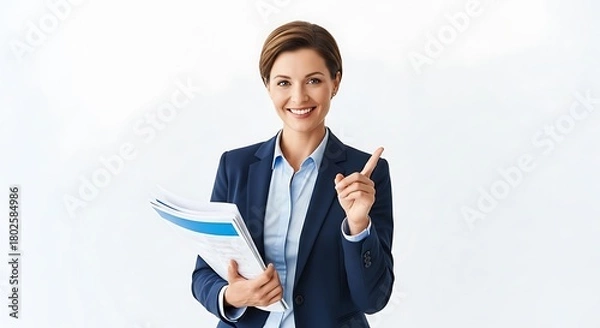 Obraz Professional businesswoman pointing and holding documents, smiling at the camera